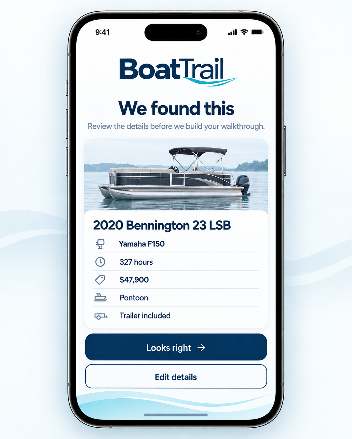 BoatTrail boat profile confirmation screen showing details identified from a specific listing
