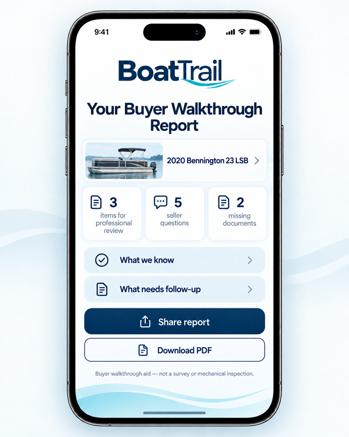 BoatTrail buyer walkthrough report screen